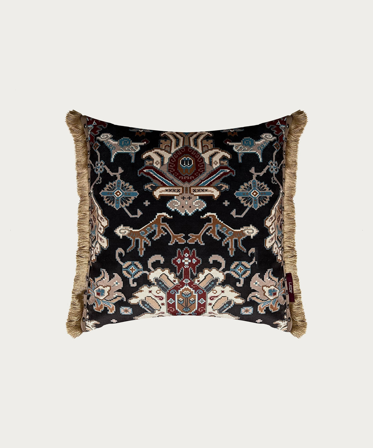 black velvet print square cushion with stud trim and cotton fringe made in england