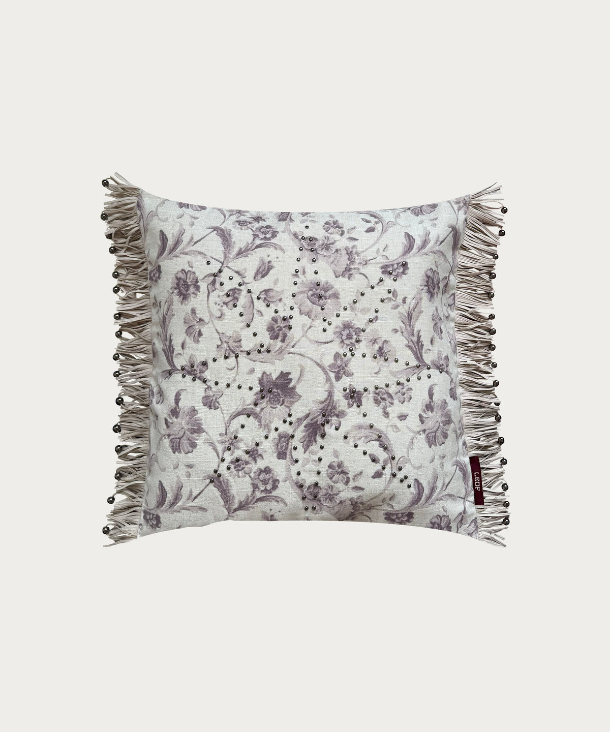 floral square cushion with fringe trim and star stud detail made in england