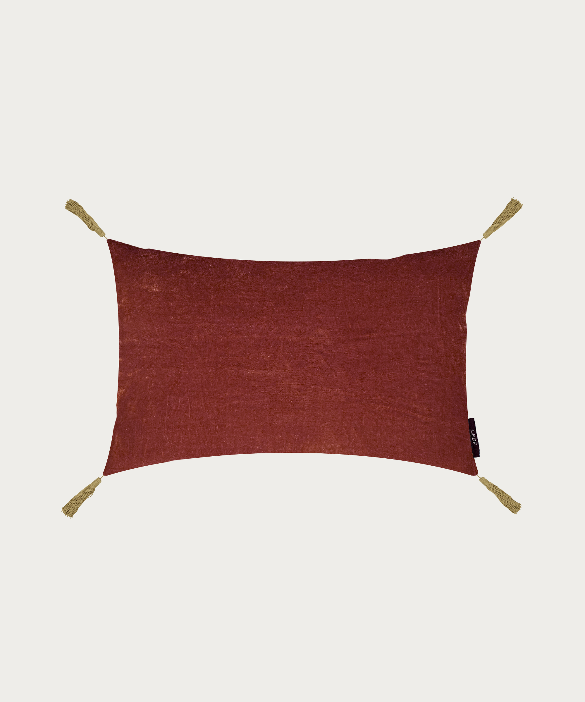 red silk velvet rectangle cushion with gold back and gold tassels made in england
